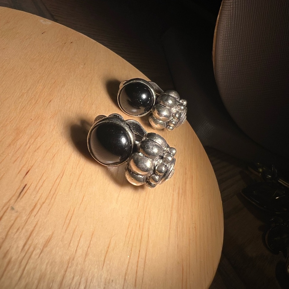 STUNNING Vintage Onyx and Silver Statement clip on Earrings